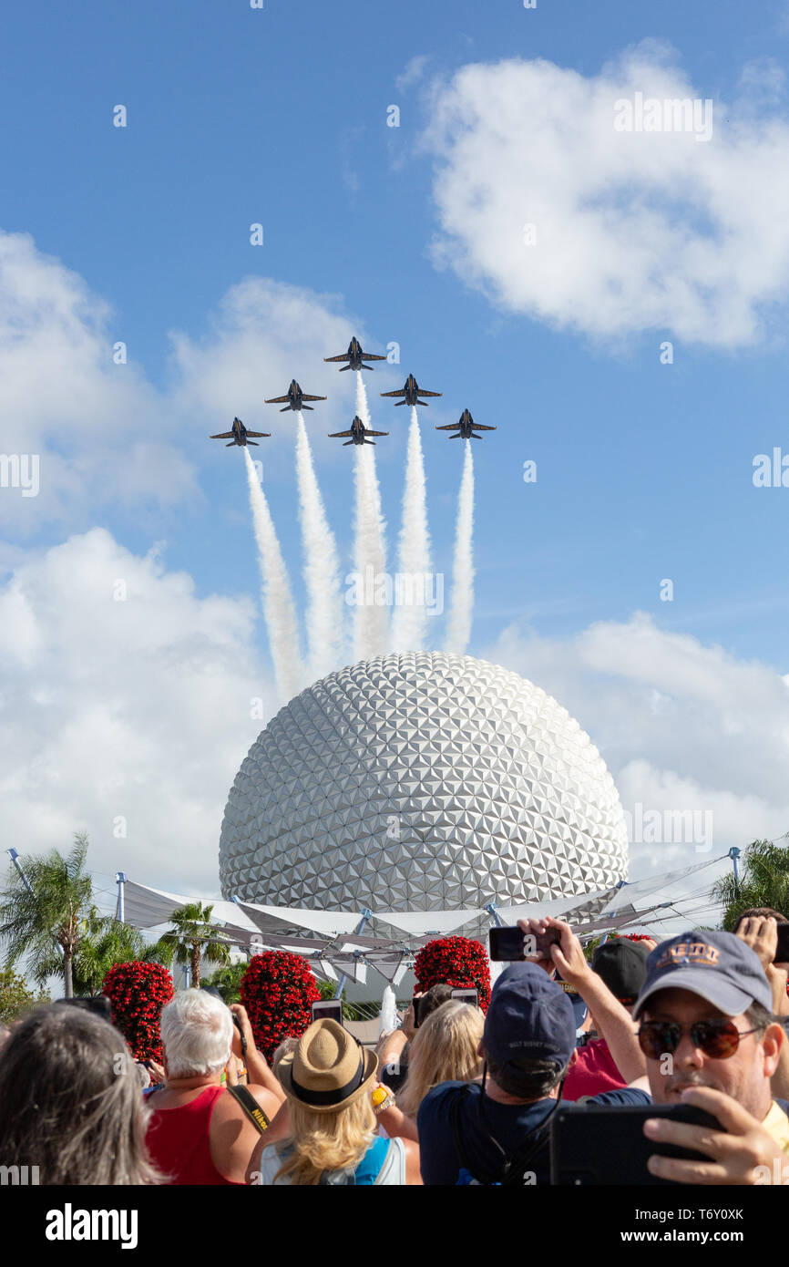 The US Navy Blue Angels Flyover Walt Disney World's Epcot Center May 2, 2019 Stock Photo
