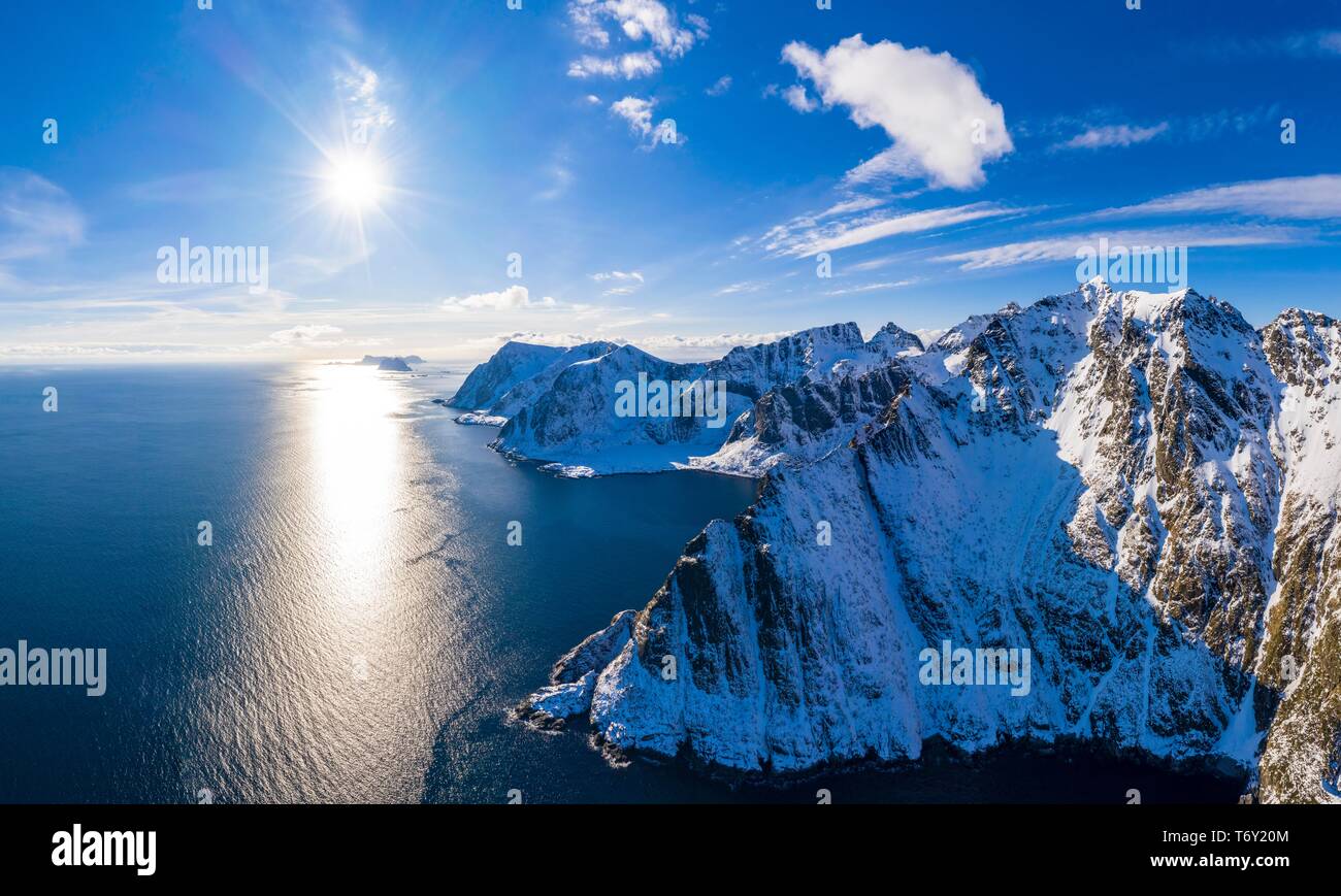View at A i Lofoten in direction Vaeroy, mountains and fjords, Moskenesoya, Lofoten, Norway Stock Photo