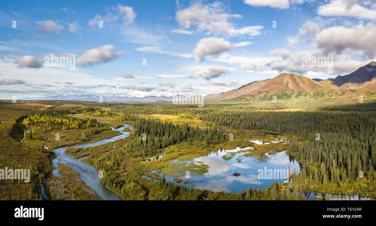 Lake and river in autumnal tundral landscape, Alaska Range, Central Alaska, Alaska, USA Stock Photo