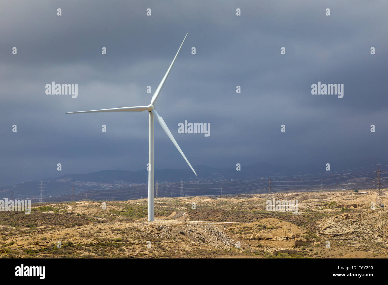 Wind turbines on the island as an ecological source of cheap energy. Tenerife, Canary Islands, Spain Stock Photo