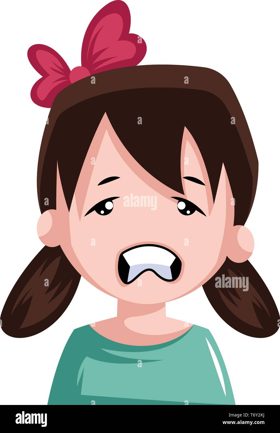 Stressed little girl with pigtails and bow in her hair illustration vector on white background Stock Vector