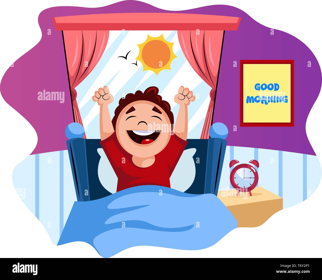 Boy woke up happy illustration vector on white background Stock Vector
