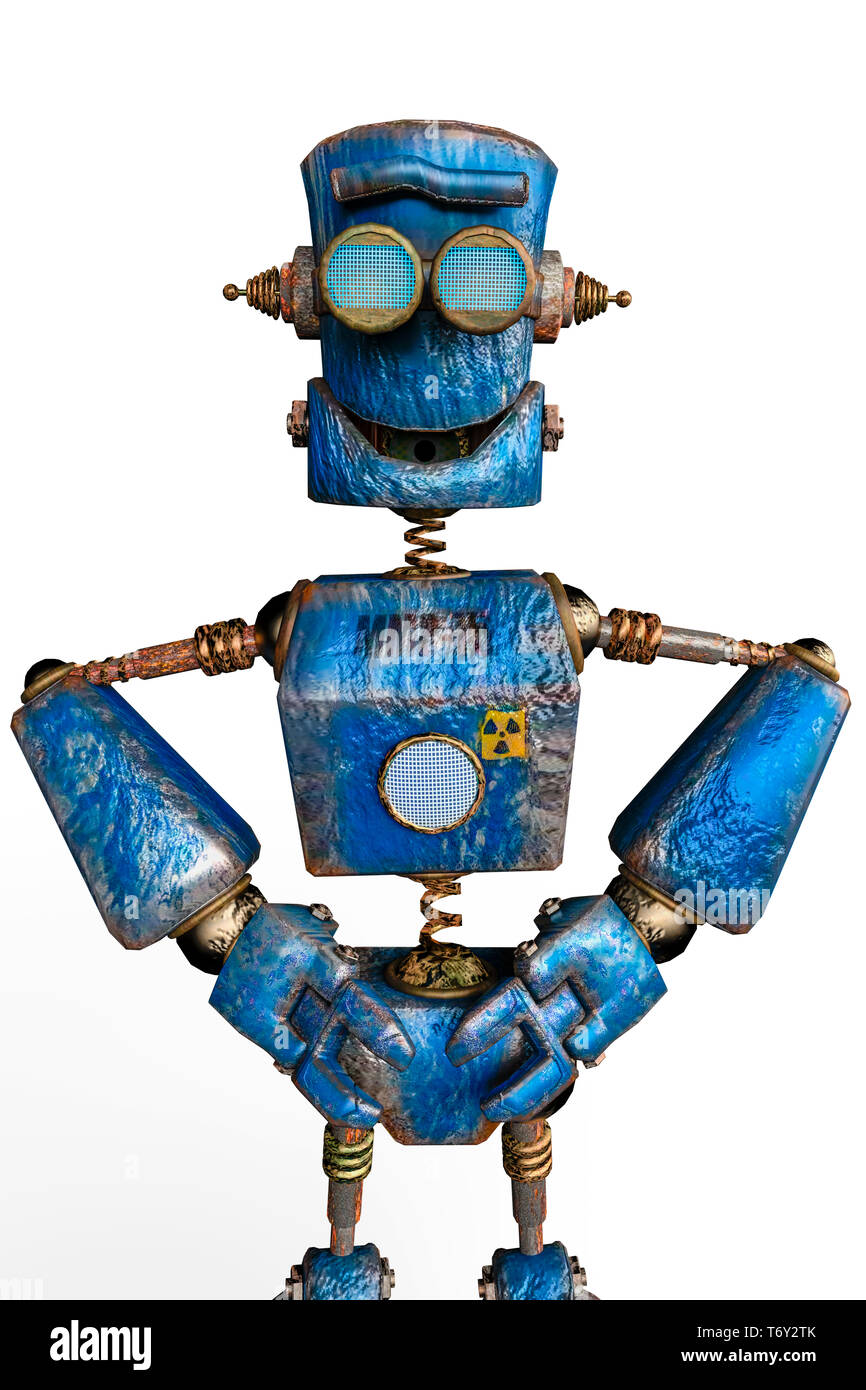 the blue robot in a white background. This rusty robot will put some fun in creations Stock - Alamy