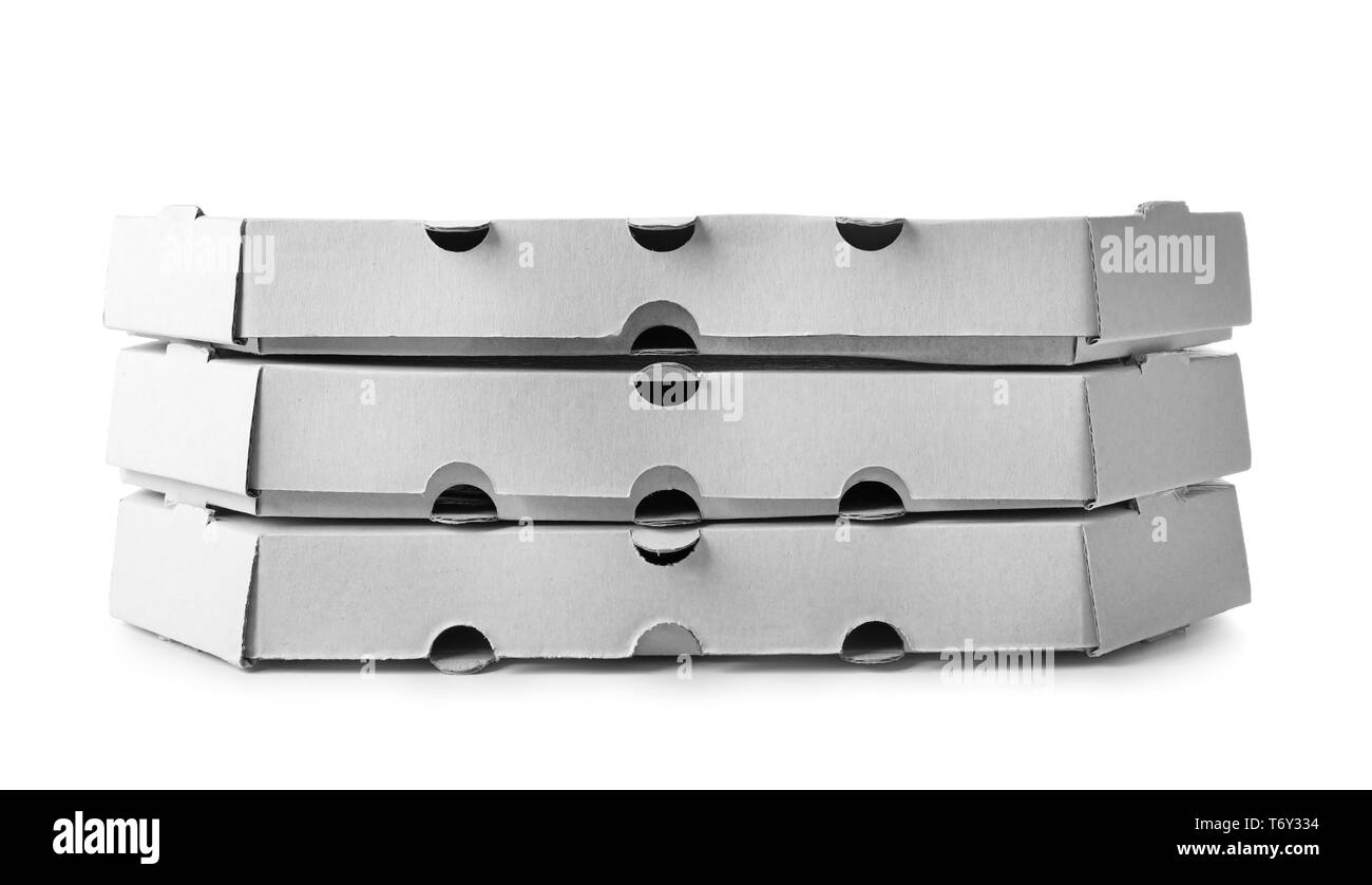 Cardboard pizza boxes on white background. Food delivery service Stock