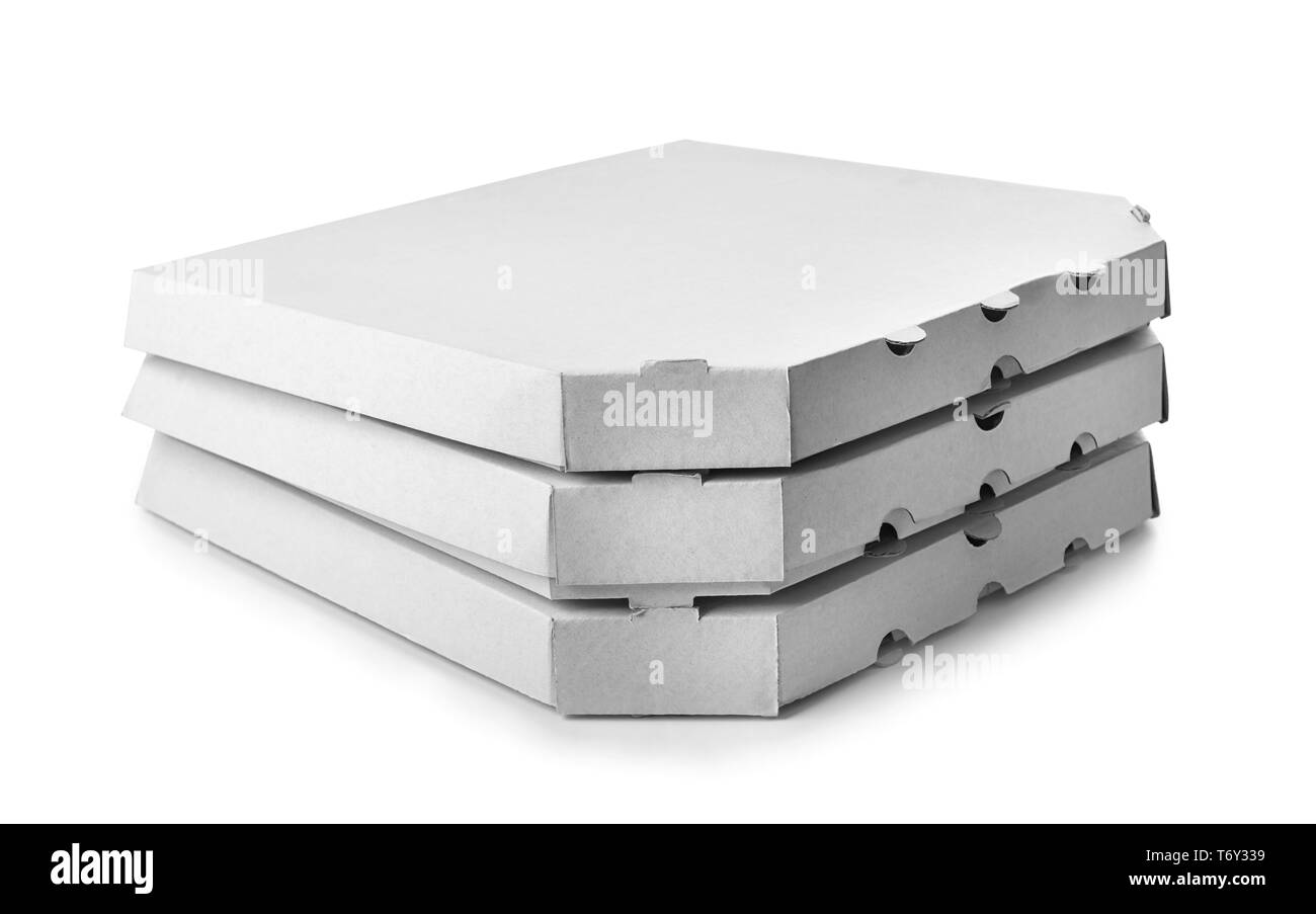 Cardboard pizza boxes on white background. Food delivery service Stock