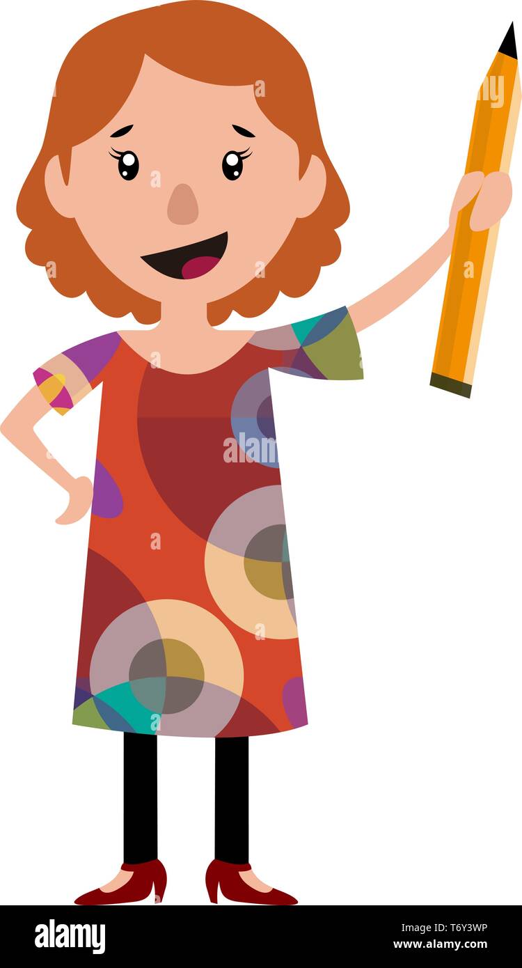 Woman in dress holding a big pencil illustration vector on white ...