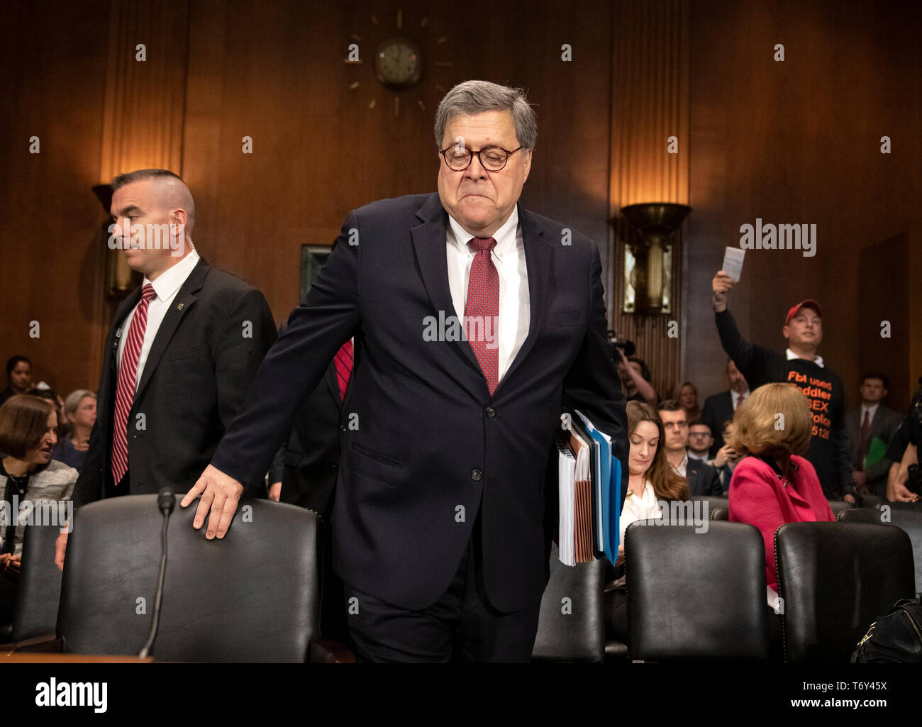 United States Attorney General William P. Barr is sworn-in to give testimony before the US Senate Committee on the Judiciary on the “Department of Justice’s Investigation of Russian Interference with the 2016 Presidential Election” on Capitol Hill in Washington, DC on May 1, 2019. The hearing will begin to answer questions about how the DOJ handled the conclusions from the Mueller probe.  Credit: Ron Sachs / CNP/ MediaPunch RESTRICTION: No New York Metro or other Newspapers within a 75 mile radius of New York City Stock Photo