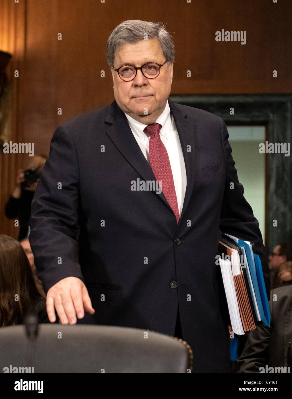 United States Attorney General William P. Barr is sworn-in to give testimony before the US Senate Committee on the Judiciary on the “Department of Justice’s Investigation of Russian Interference with the 2016 Presidential Election” on Capitol Hill in Washington, DC on May 1, 2019. The hearing will begin to answer questions about how the DOJ handled the conclusions from the Mueller probe.  Credit: Ron Sachs / CNP/ MediaPunch RESTRICTION: No New York Metro or other Newspapers within a 75 mile radius of New York City Stock Photo