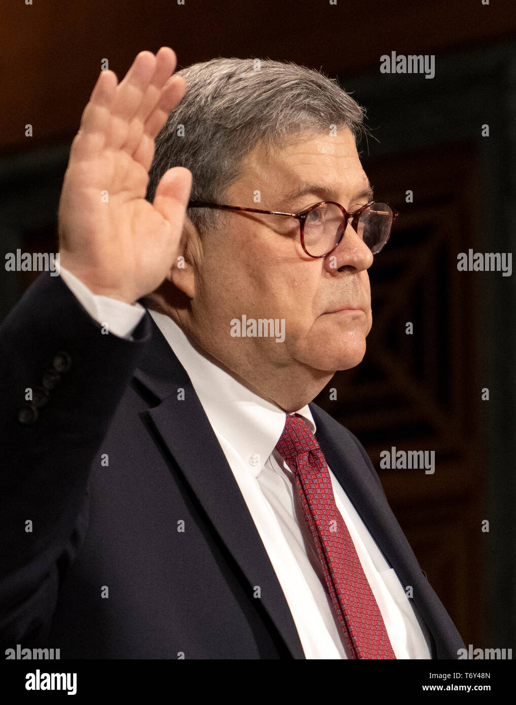 United States Attorney General William P. Barr is sworn-in to give testimony before the US Senate Committee on the Judiciary on the “Department of Justice’s Investigation of Russian Interference with the 2016 Presidential Election” on Capitol Hill in Washington, DC on May 1, 2019. The hearing will begin to answer questions about how the DOJ handled the conclusions from the Mueller probe.  Credit: Ron Sachs / CNP/ MediaPunch RESTRICTION: No New York Metro or other Newspapers within a 75 mile radius of New York City Stock Photo