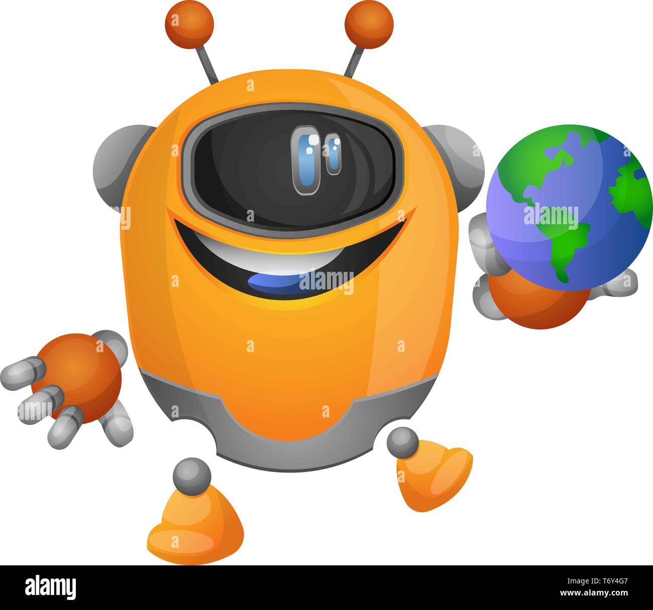 Cartoon robot holding a globe illustration vector on white background Stock Vector