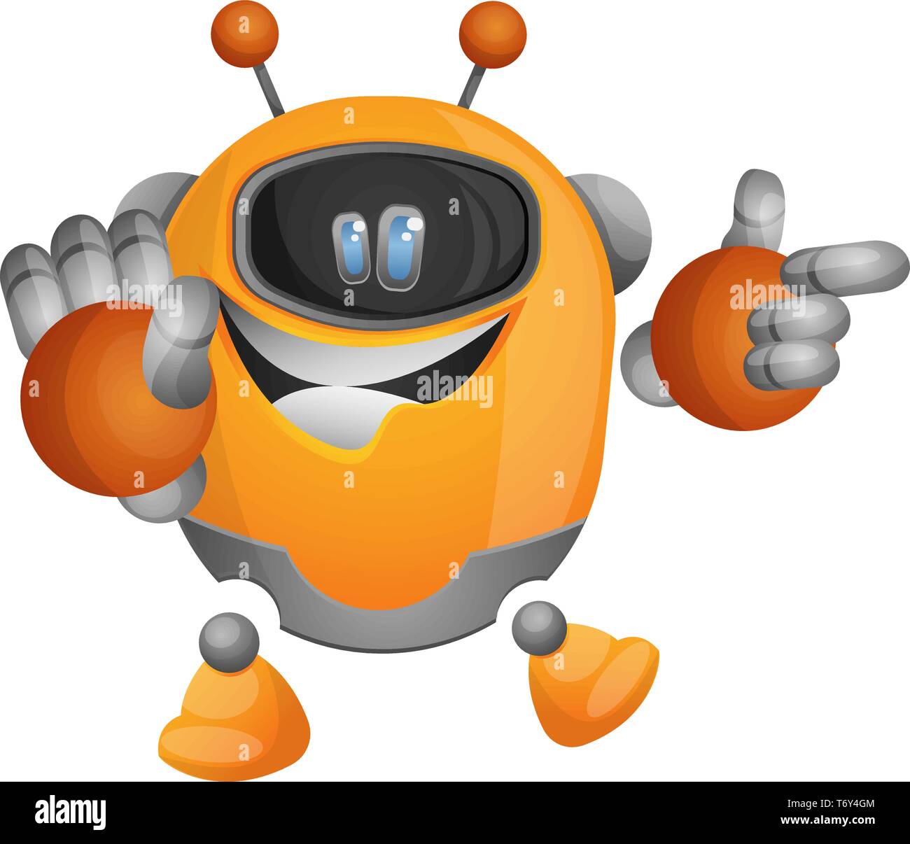 Cute orange robot pointing at something illustration vector on white background Stock Vector