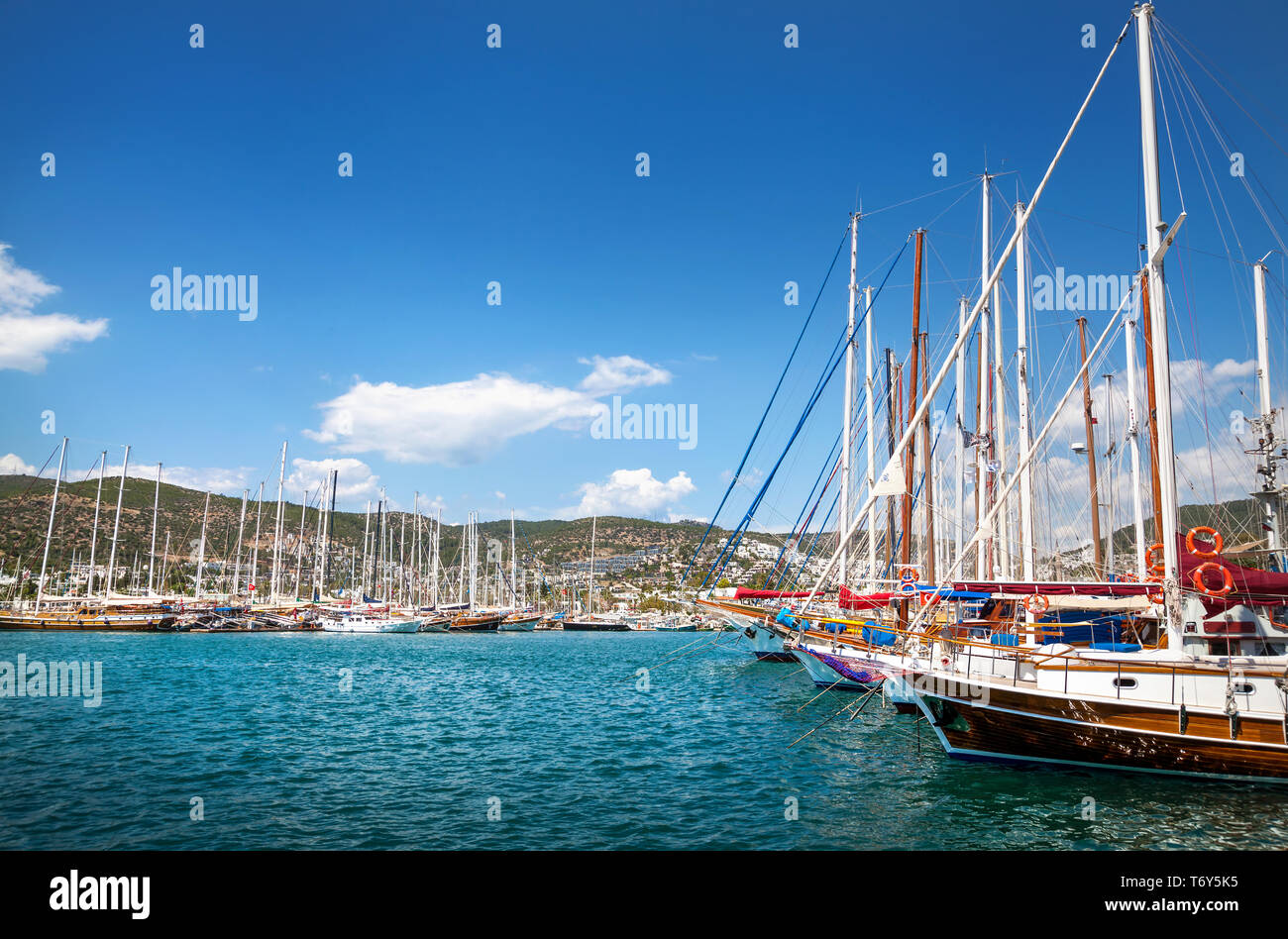 Harbor with boats in Aegean Sea in tropical Bodrum in sunny day, Turkey Stock Photo