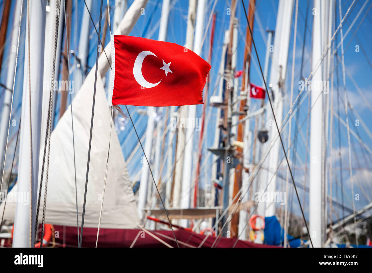 Turkey flag on the boat at hot sunny day in Bodrum Marina Stock Photo