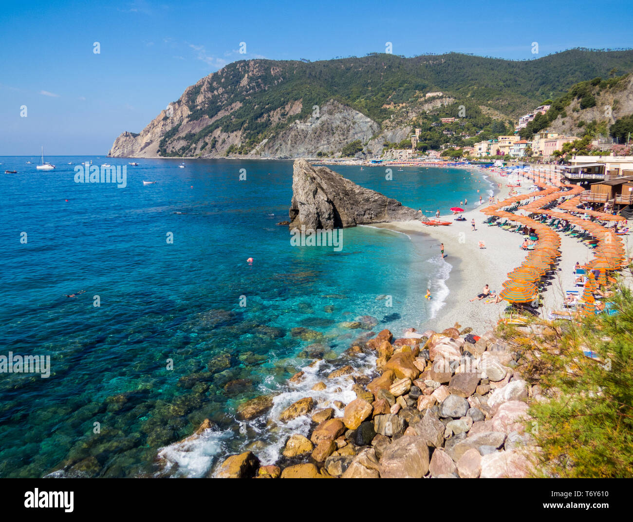 MONTEROSSO AL MARE, ITALY - JULY 28, 2016: Panoramic summer view of the beach in Monterosso, Cinque Terre, Italy. Stock Photo