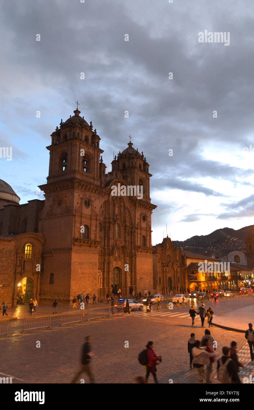 Night view of the church of the Compañia de Jesus, in Cusco, Peru. Stock Photo