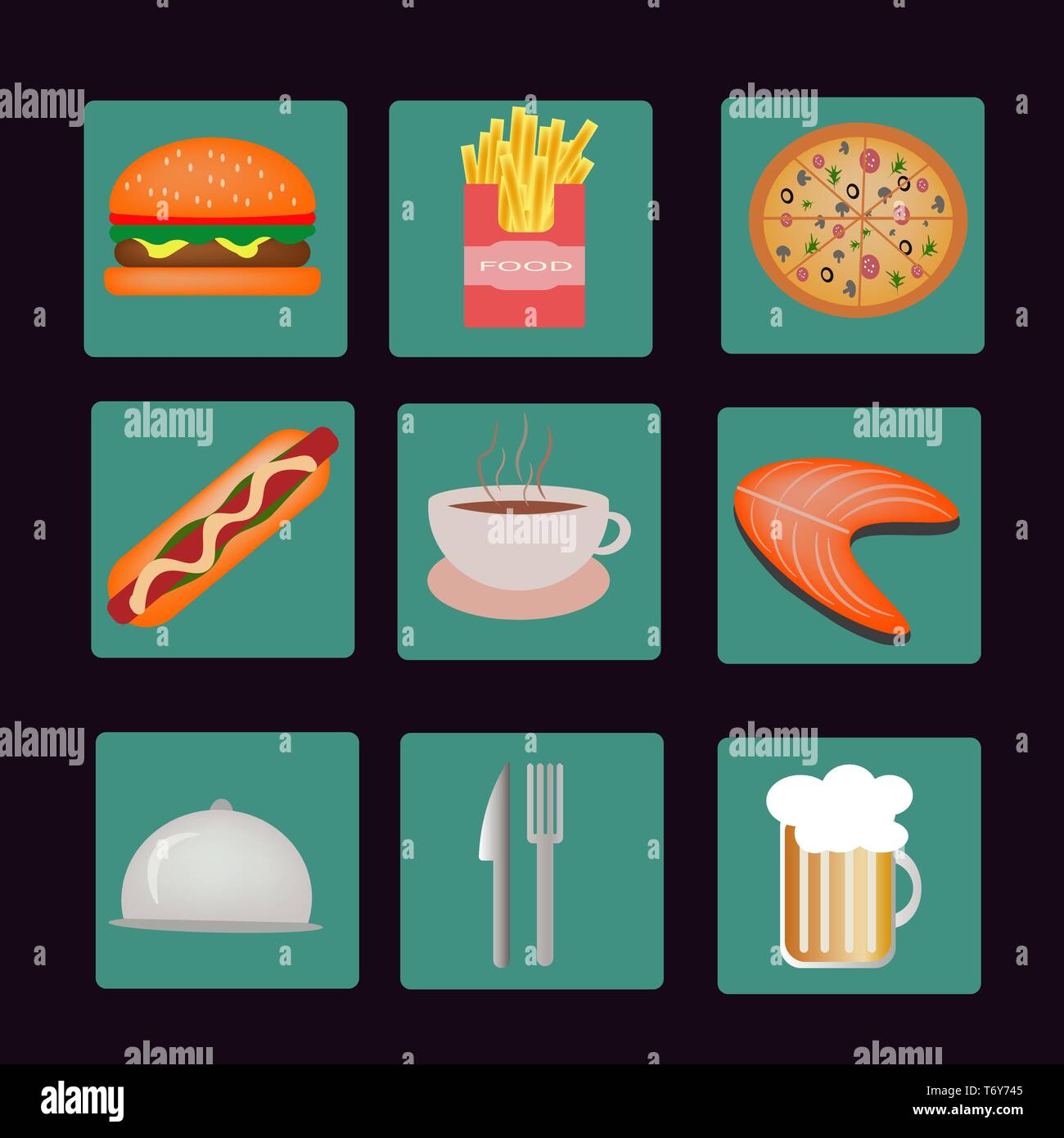 vector icons of meal, drinks, fast food on turquoise and black ...