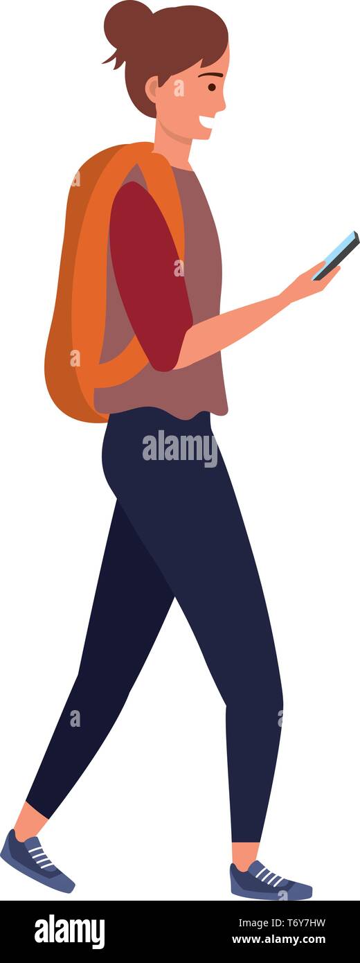 Millennial young student smiling using smartphone texting backpack hair bun isolated Stock Vector