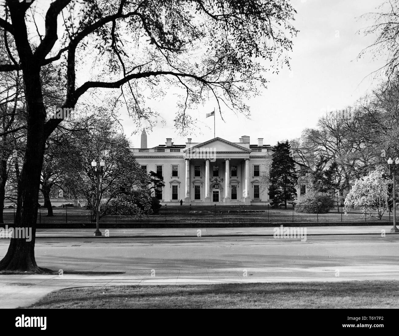 Long shot of trees framing the White House's North Portico, Washington, District of Columbia, March 28, 1948. Image courtesy National Archives. () Stock Photo