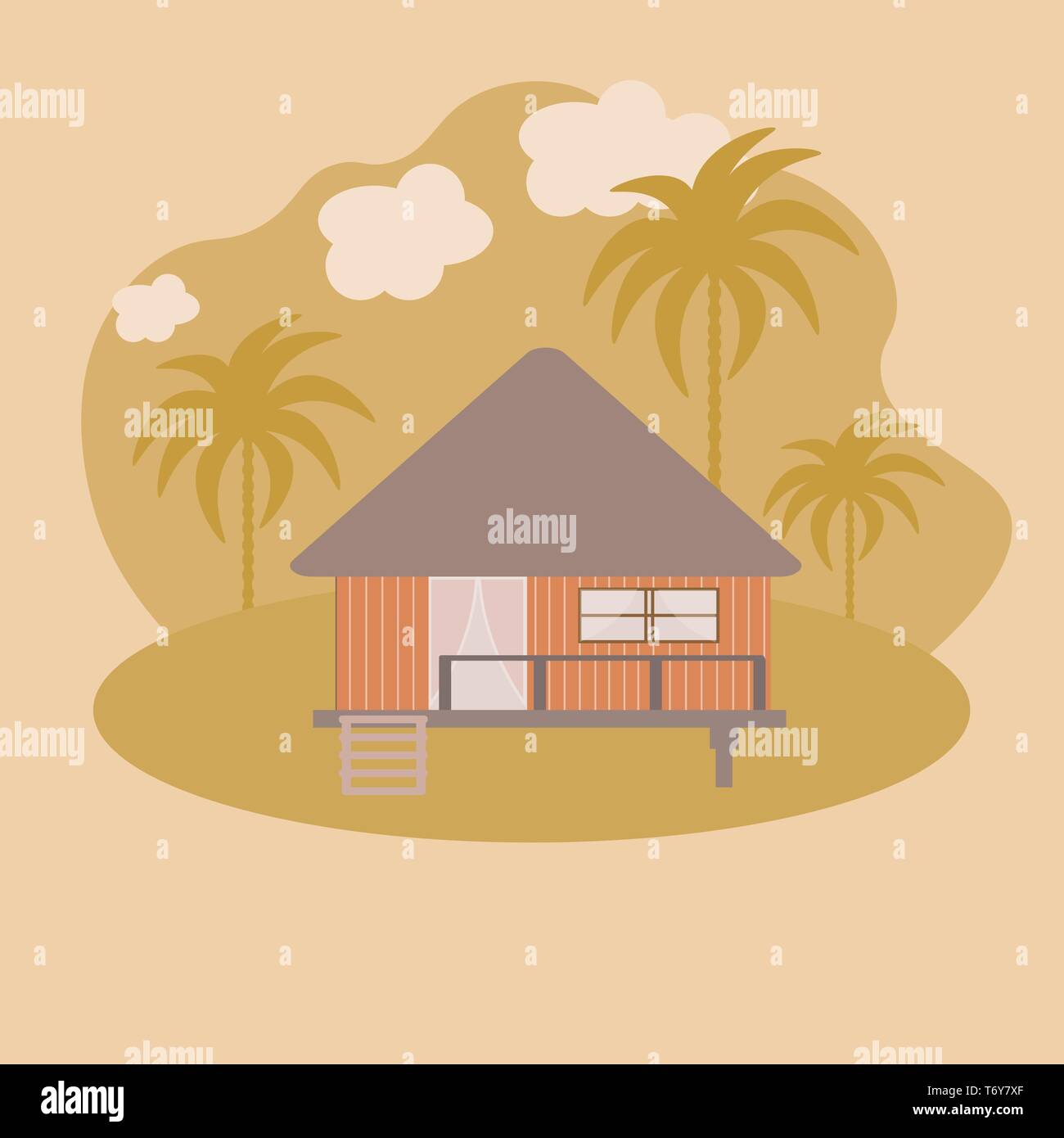 vector abstract house of a wooden bungalow on the seashore in the sand with palm trees. architecture landscape on yellow background Stock Vector
