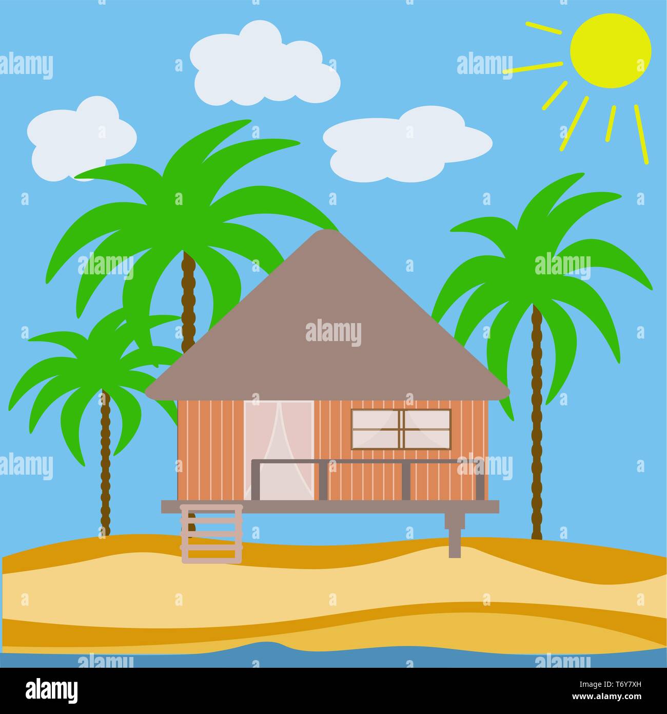 vector abstract house of a wooden bungalow on the seashore in the sand with palm trees with the sun. architecture landscape on yellow background Stock Vector