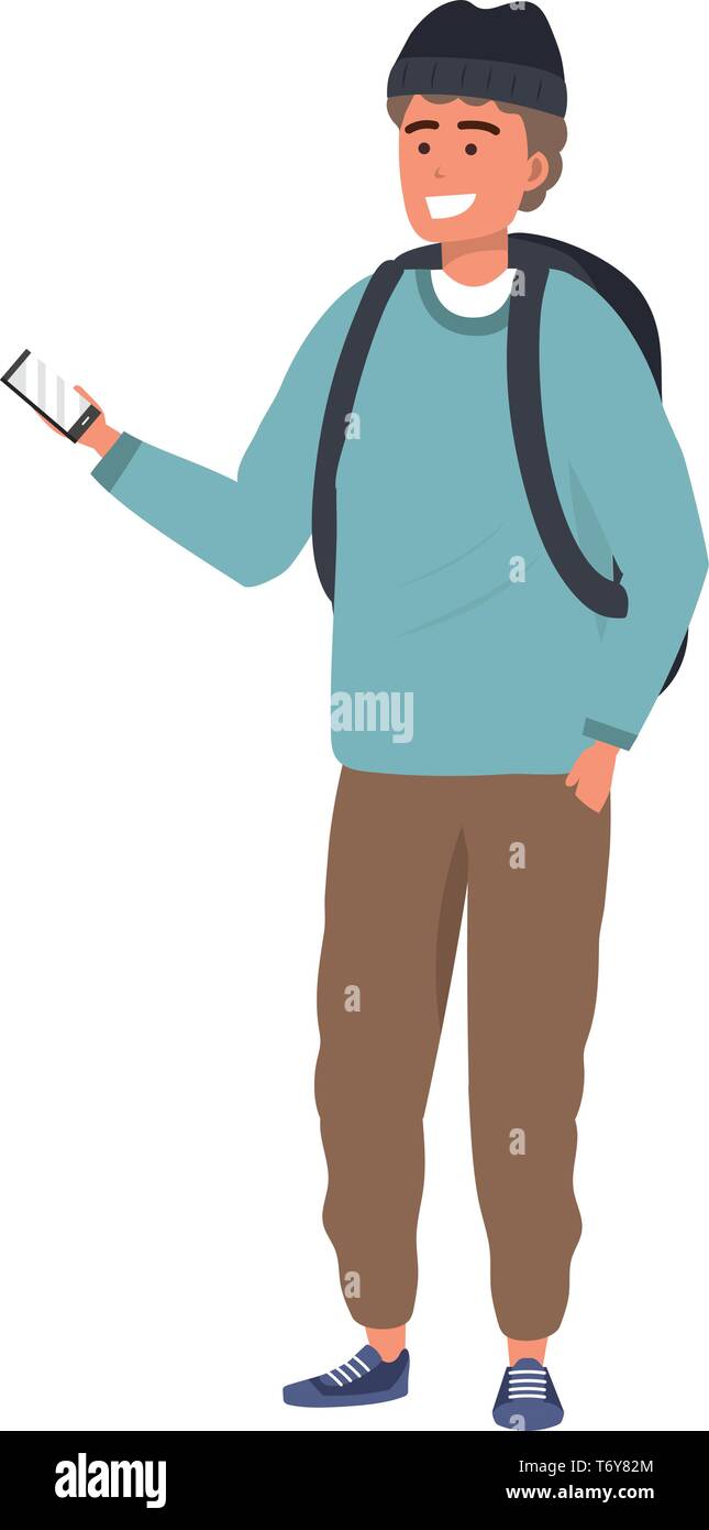 Millennial young student smiling using smartphone texting beanie backpack isolated Stock Vector
