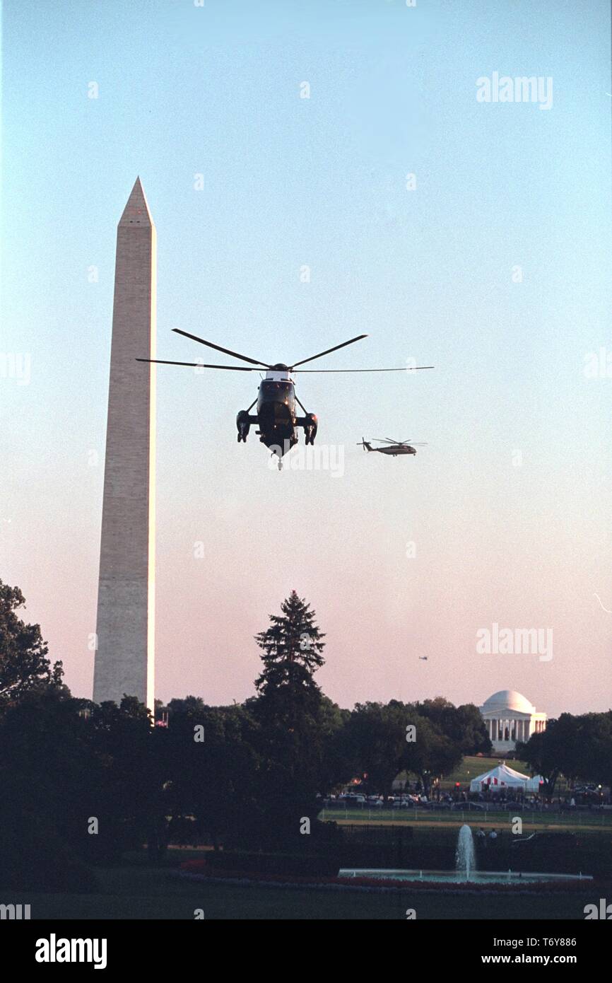 President George W Bush returning to the White House on Marine One after being informed of the terrorist attacks on the morning of September 11th, 2001, September 11, 2001. Image courtesy National Archives. () Stock Photo