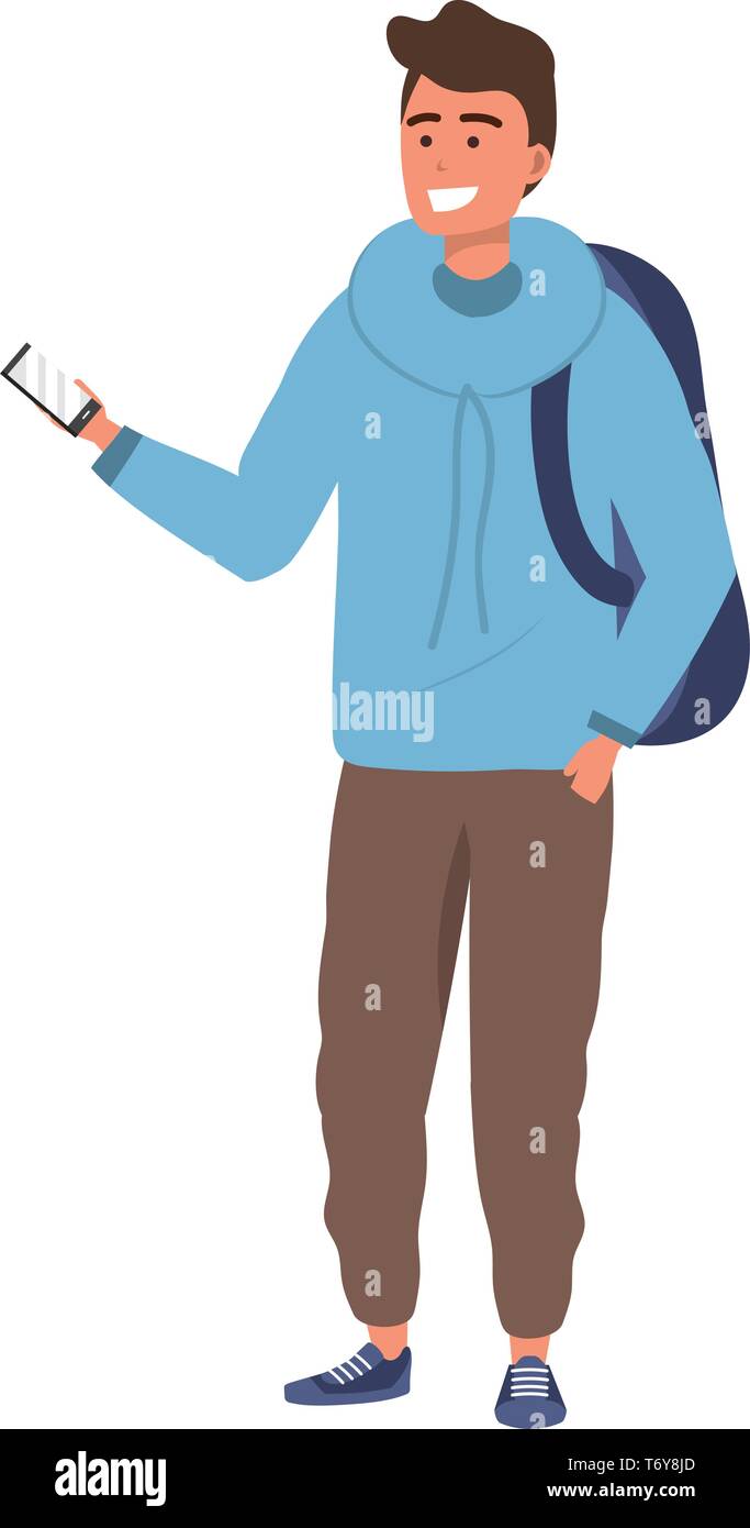 Millennial young student smiling using smartphone hoodie backpack isolated Stock Vector