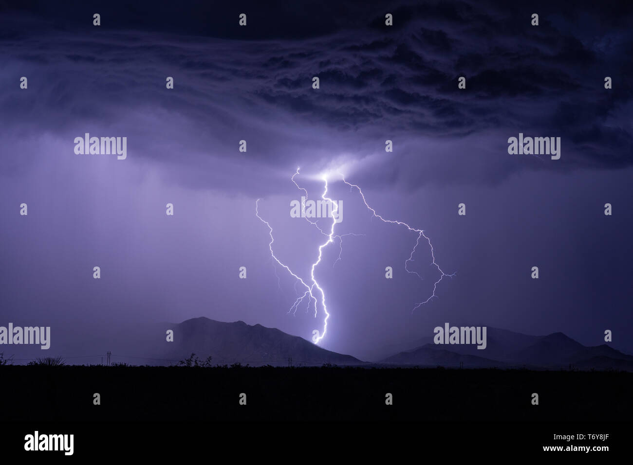 A dramatic lightning bolt illuminates the night sky in the Dragoon Mountains as thunderstorm clouds move across southeastern Arizona Stock Photo