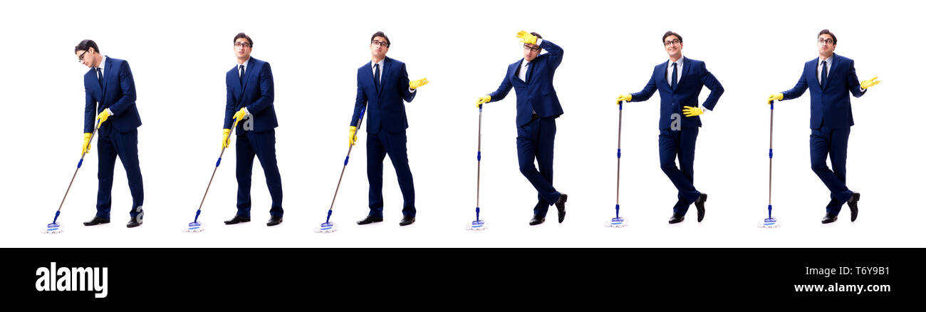 Young handsome businessman with mop isolated on white Stock Photo