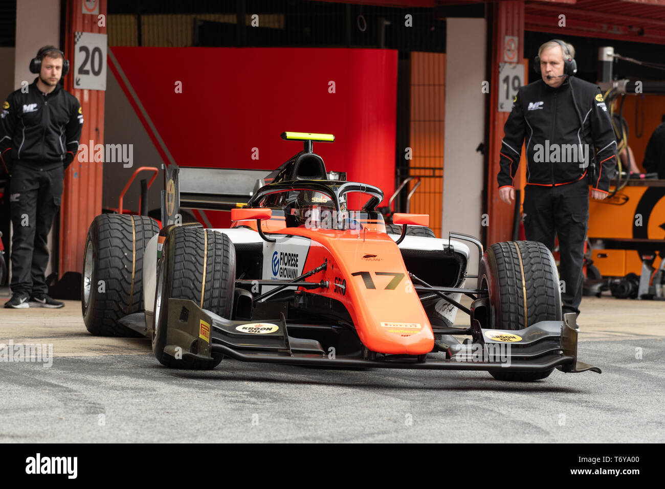 Barcelona, Spain - March 5th, 2019 -  Mahaveer Raghunathan from India with 17 MP Motorsport  - during day 1 of Fia F2 2019 Pre-Season Test at Circuit  Stock Photo