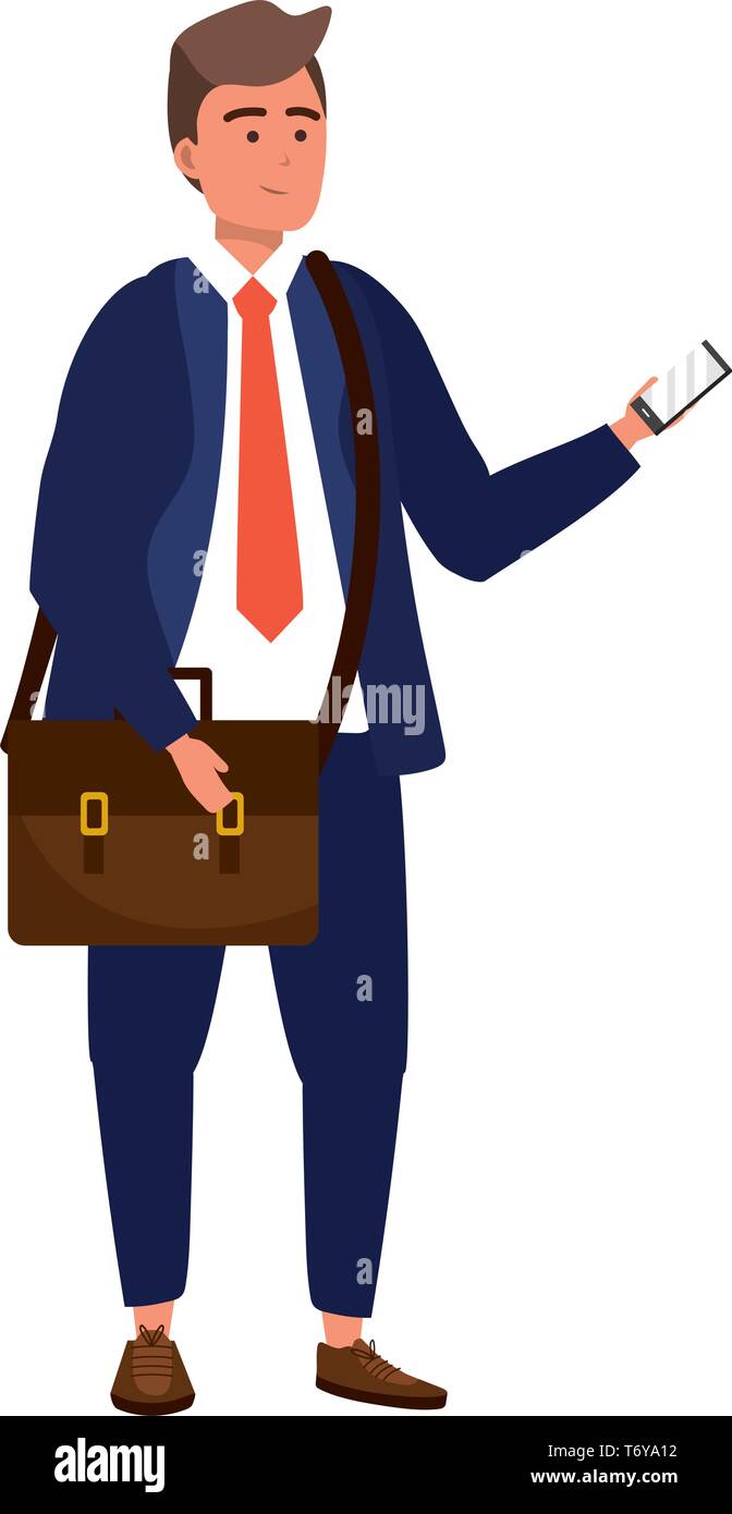 Millennial young student smiling using smartphone texting suit tie and briefcase isolated Stock Vector