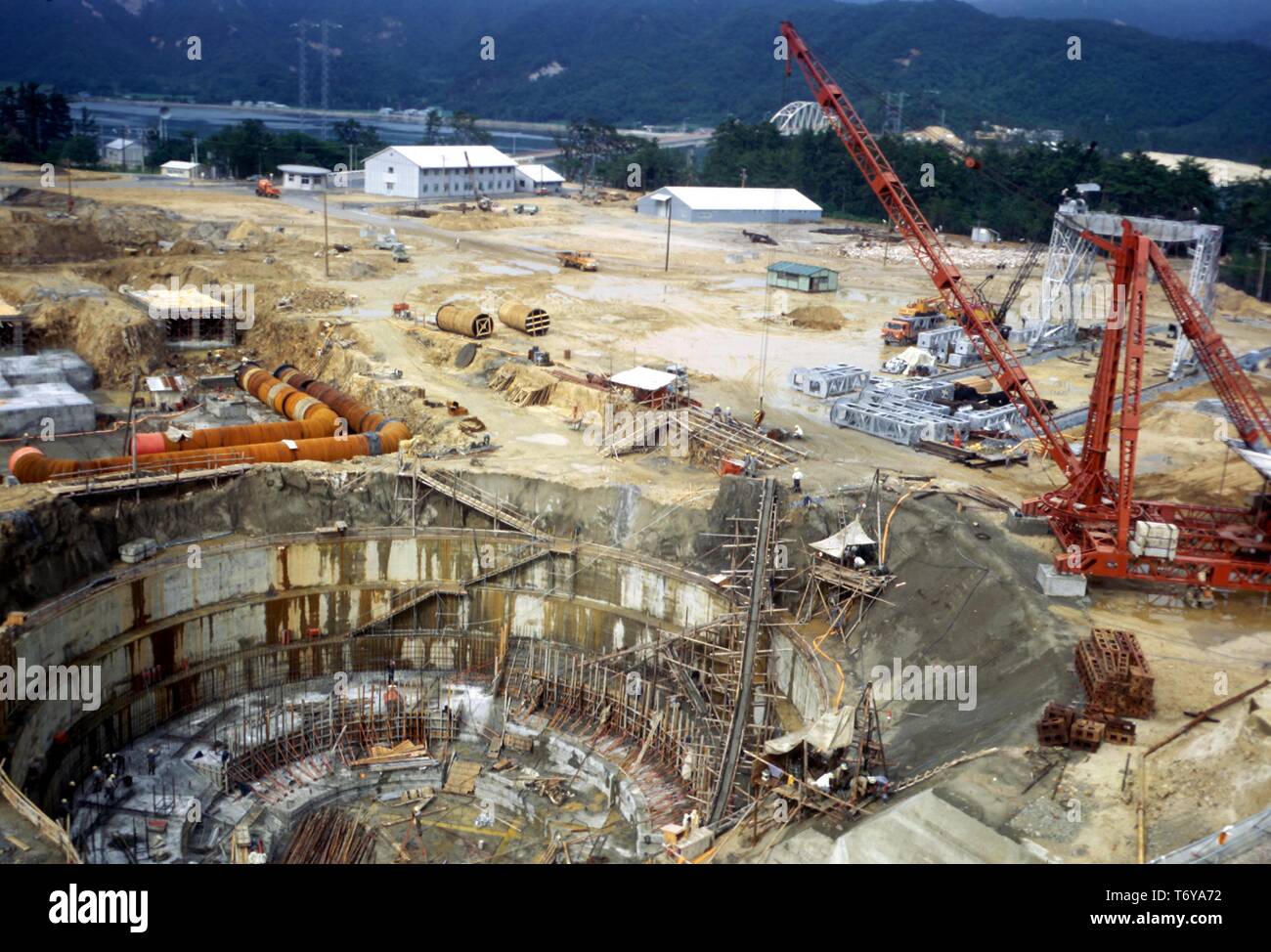 High-angle shot of construction at Mihama Nuclear Power Plant, built by