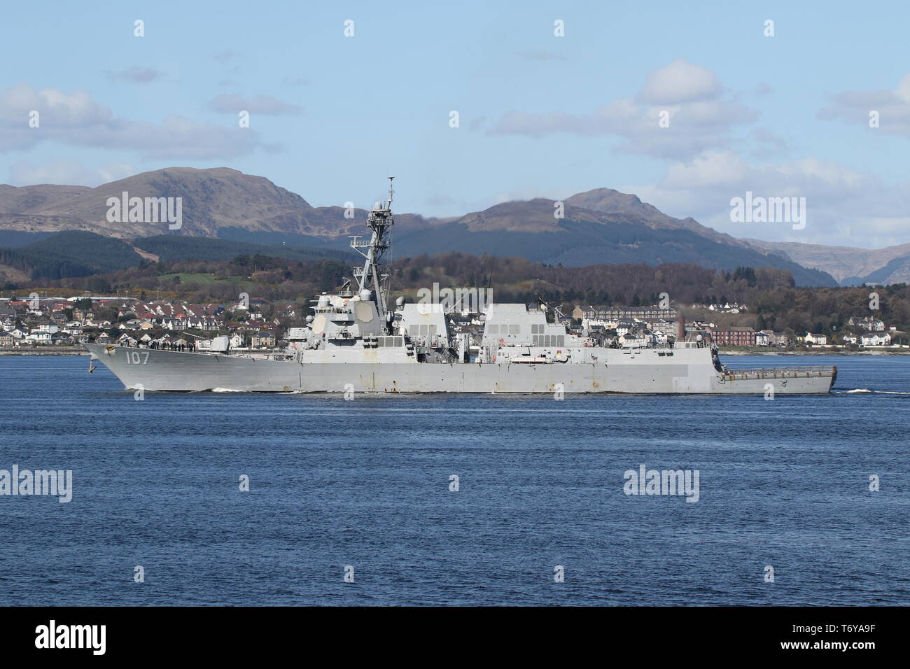 USS Gravely (DDG-107), an Arleigh Burke-class destroyer operated by the US Navy, passing Gourock at the start of Exercise Joint Warrior 19-1. Stock Photo