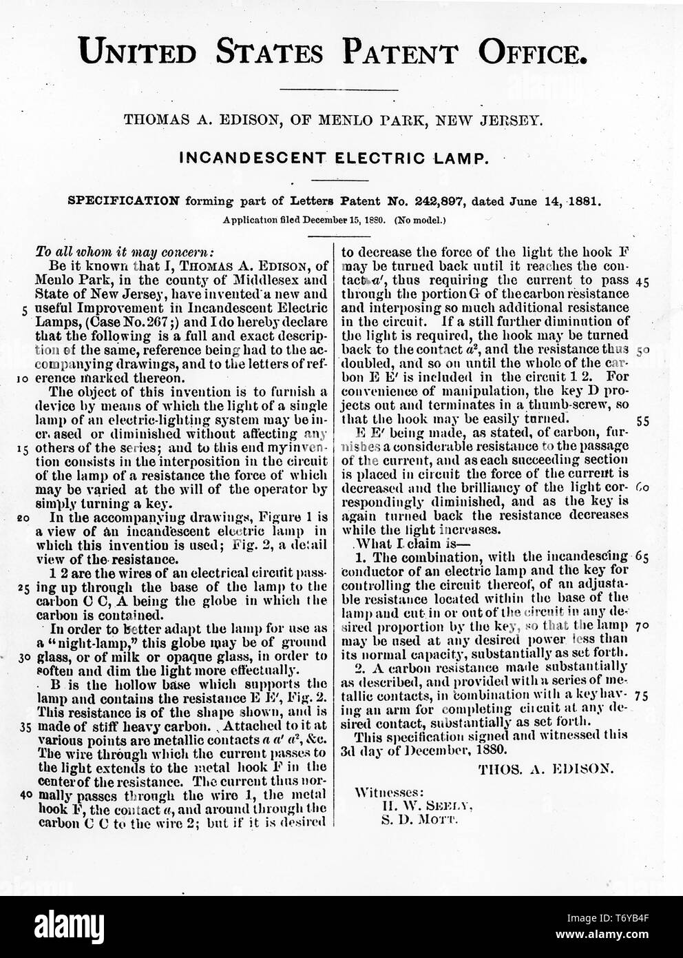 Official document patenting Thomas Edison's invention, the 'Incandescent Electric Lamp.', 1881. Image courtesy US Department of Energy, New Jersey. () Stock Photo