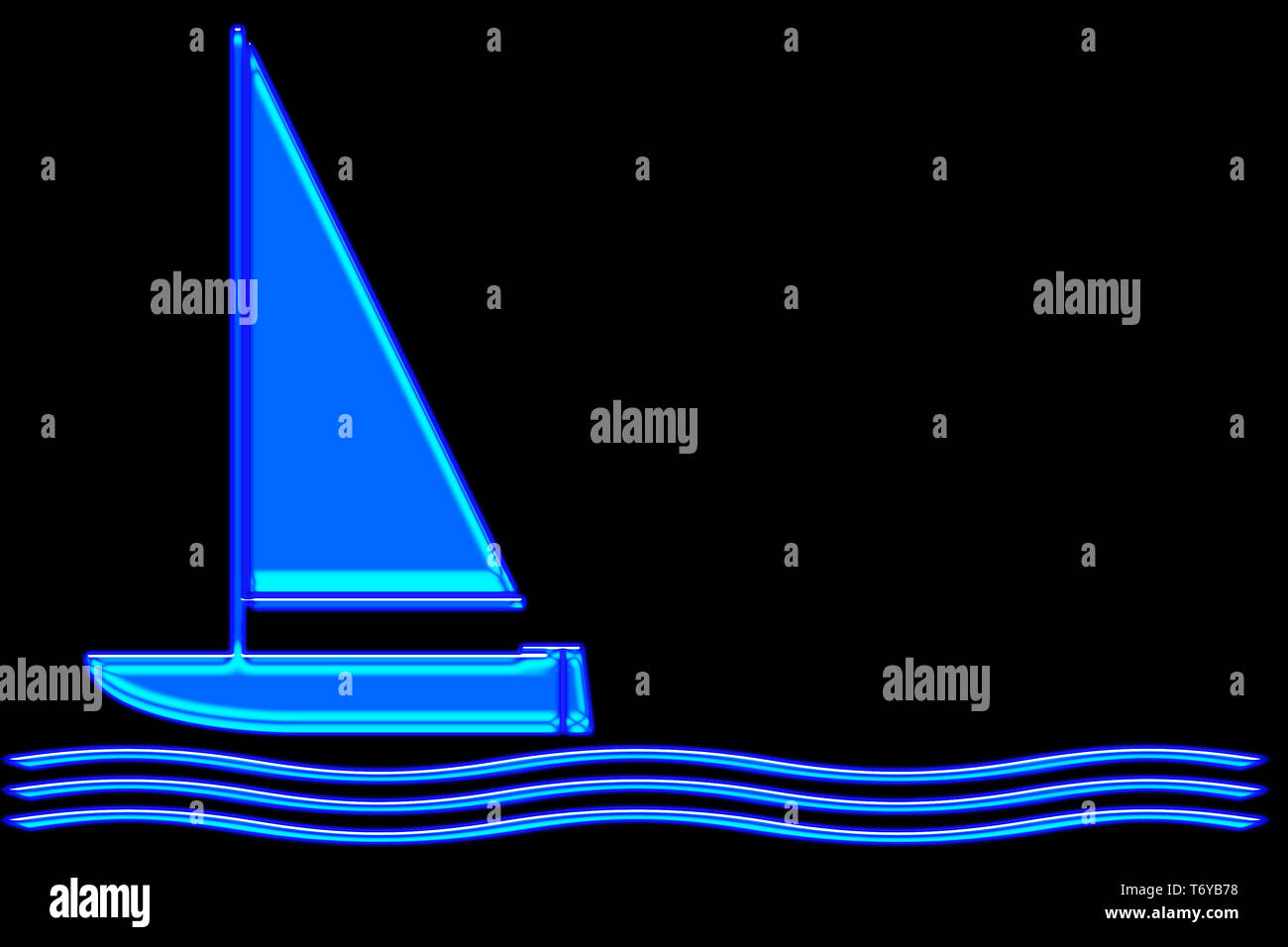 Abstract blue neon sailboat on bright blue waves.  Isolated on a black background Stock Photo