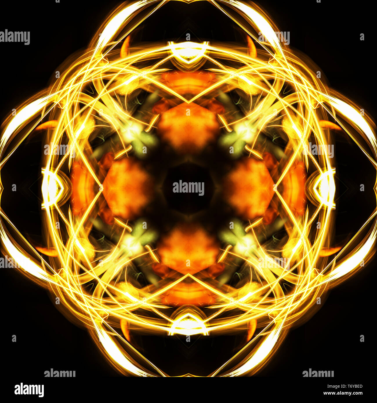 Kaleidoscopic psychedelic pattern. Abstract symmetric luminous background. Stock Photo