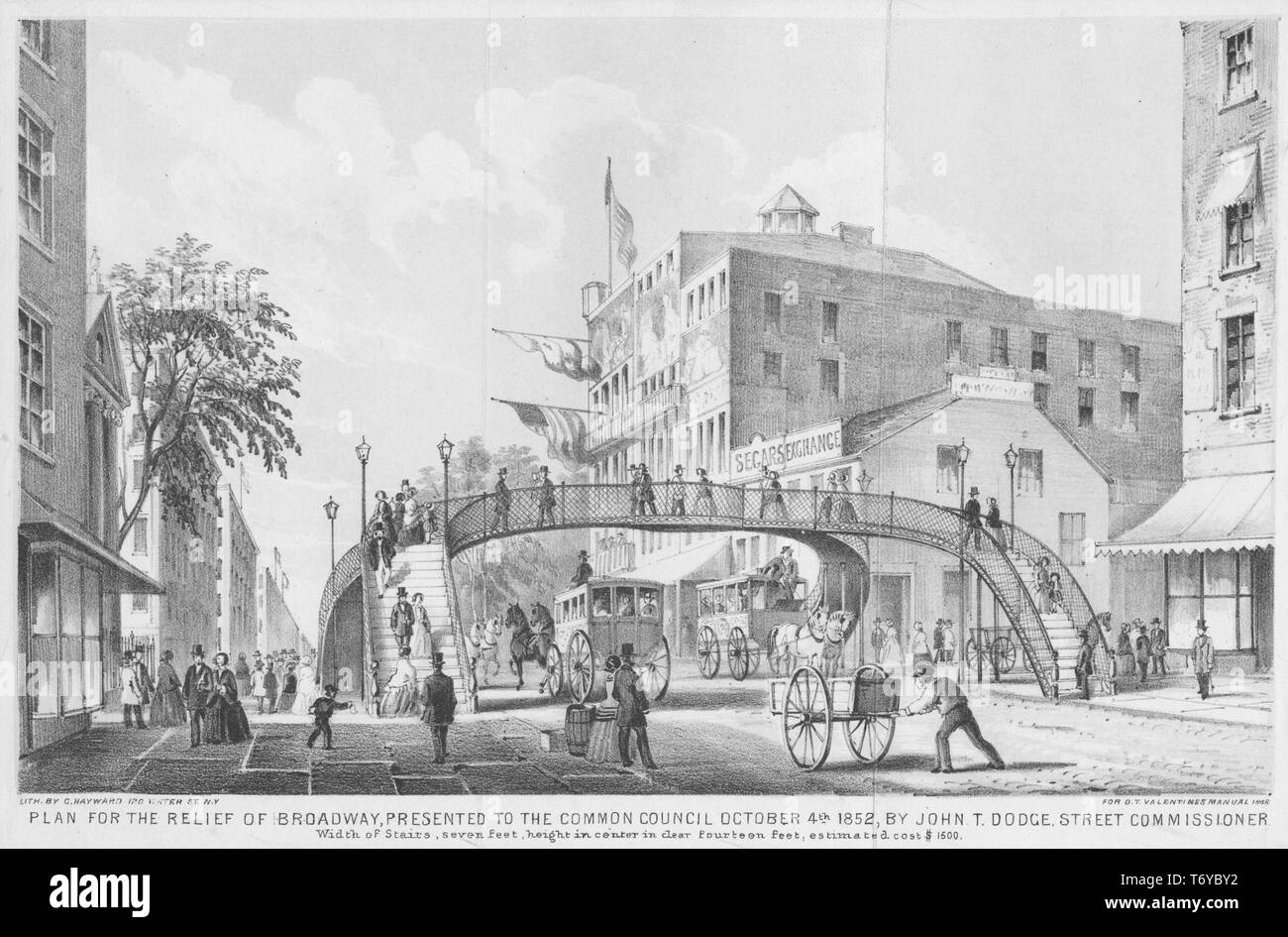 Engraving of the plan for a pedestrian bridge over Broadway, New York, presented by John T Dodge, street commissioner, 1870. From the New York Public Library. () Stock Photo