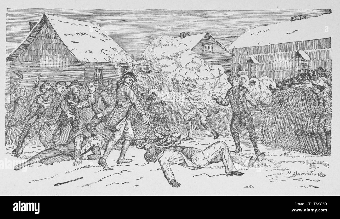 Engraving of the Boston Massacre, British Army soldiers shooting local residents, known as the Incident on King Street, Boston, Massachusetts, 1770. From the New York Public Library. () Stock Photo