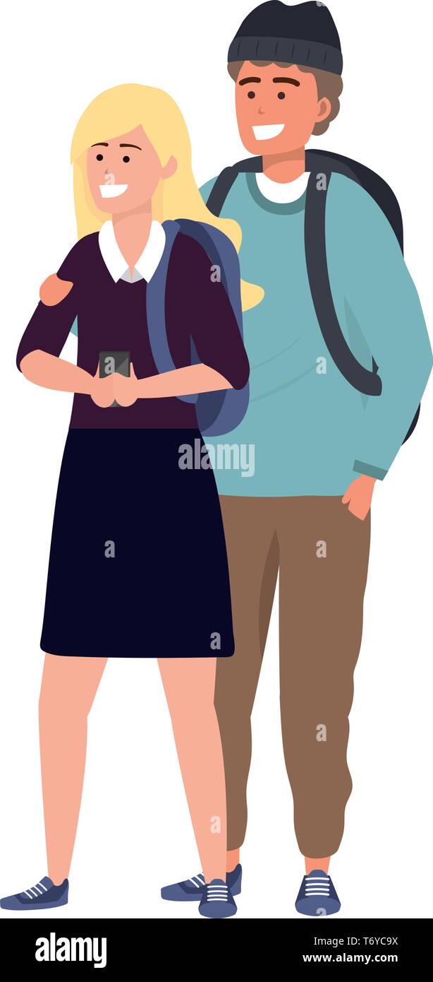 Millennial student couple smiling taking selfie browsing apps blonde backpack Stock Vector