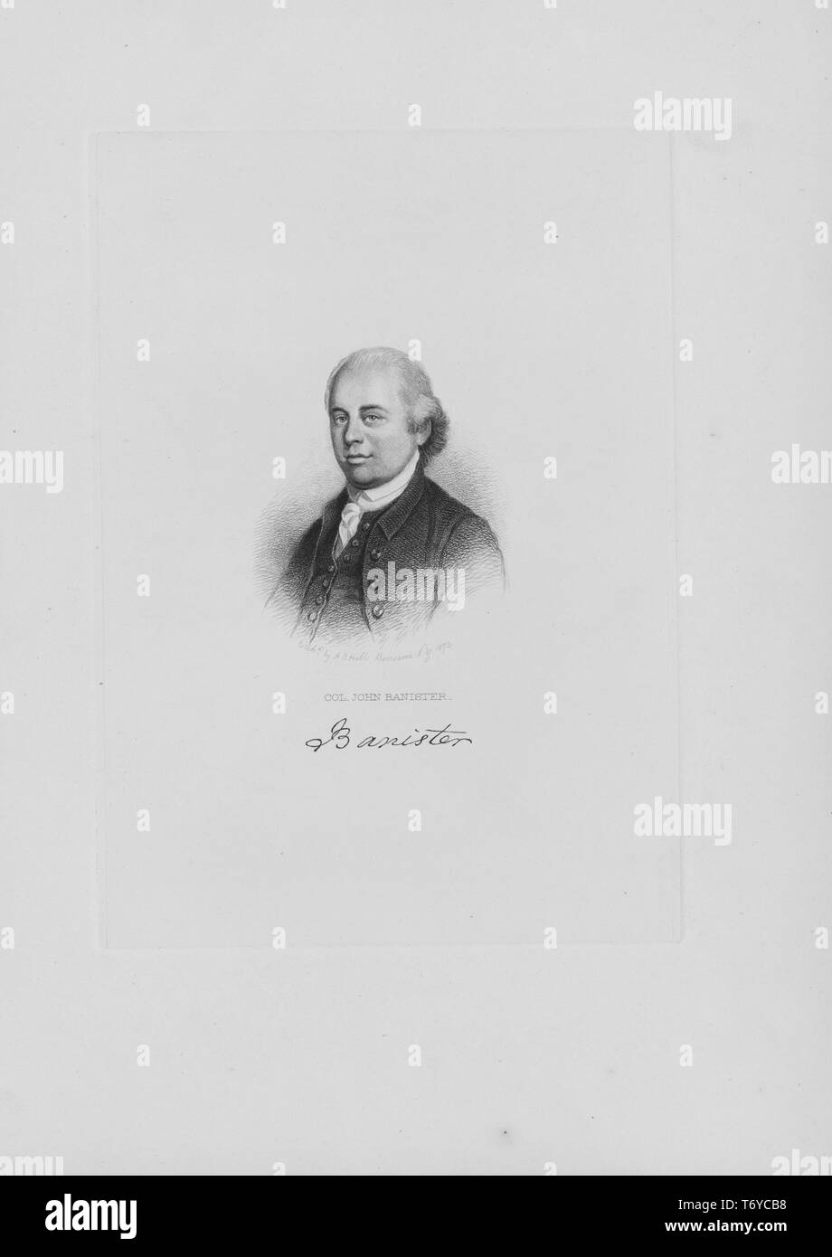 Engraved portrait of John Banister, member of the Continental Congress and signer of the Articles of Confederation, an American lawyer from Petersburg, Virginia, 1870. From the New York Public Library. () Stock Photo