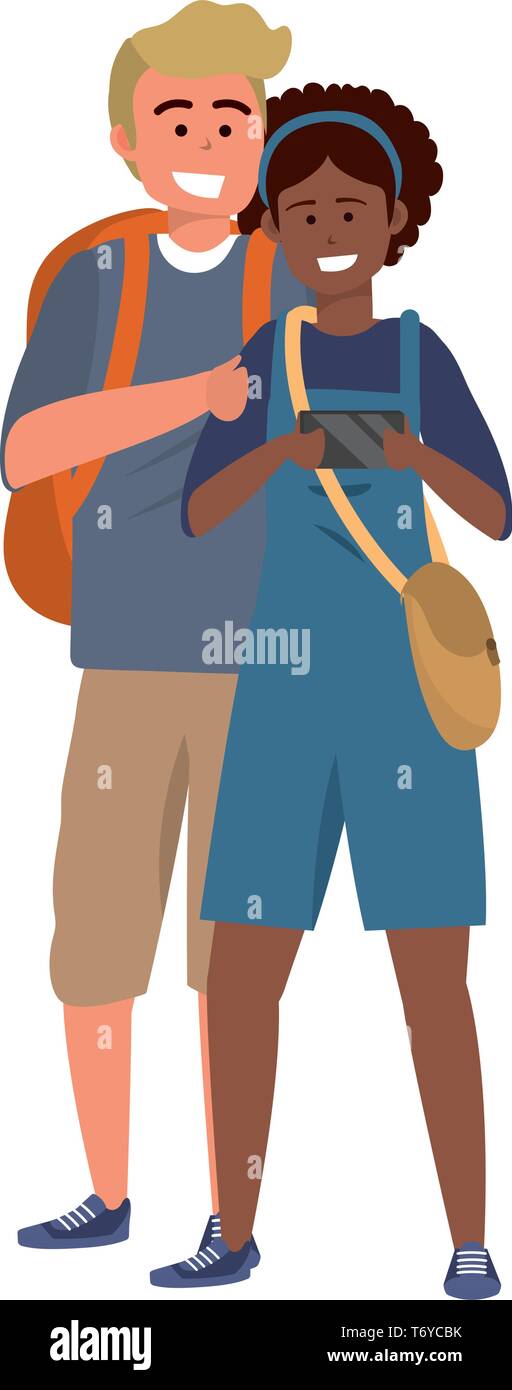 Millennial student couple smiling taking selfie browsing apps afro blond backpack purse Stock Vector
