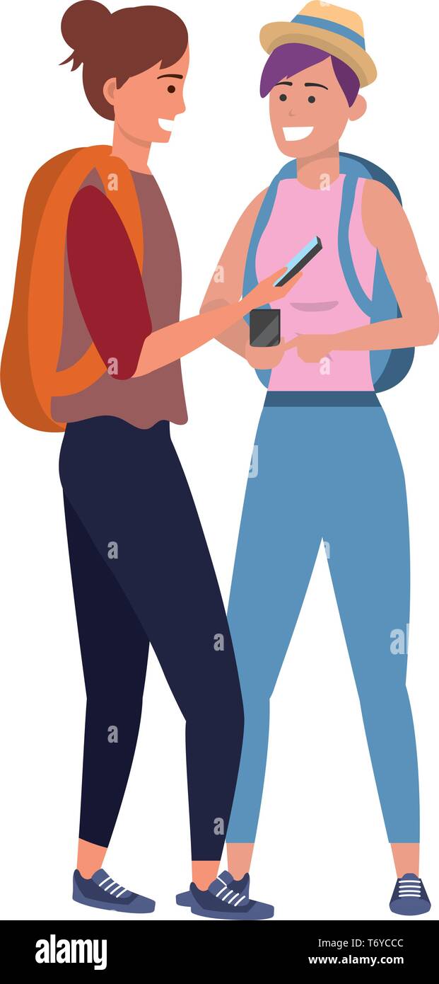 Millennial student couple smiling taking selfie browsing apps backpack Stock Vector