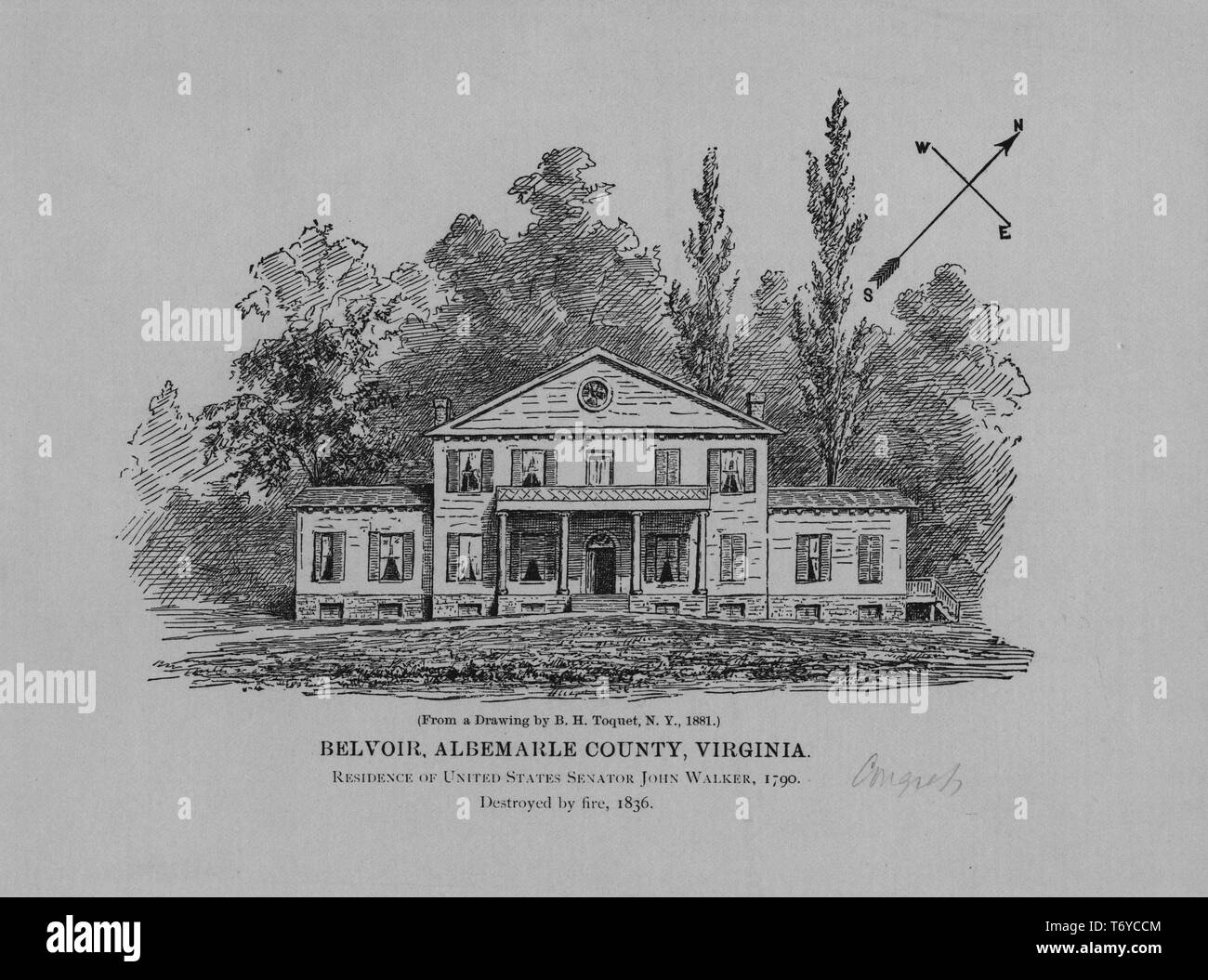 Engraving of John Walker residence in Belvoir, Albemarle County, Virginia, member of the Continental Congress from Cobham, Virginia, 1870. From the New York Public Library. () Stock Photo