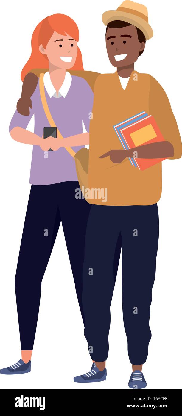Millennial student couple smiling texting holding book redhead afro purse Stock Vector