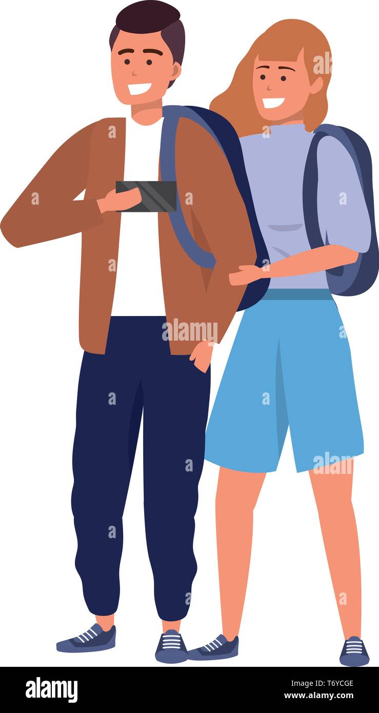 Millennial student couple smiling taking selfie browsing apps redhead backpack Stock Vector