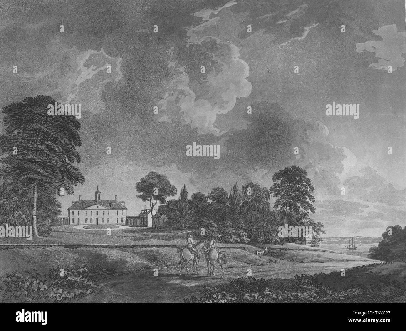 Engraving of Mount Vernon, plantation house of George Washington, Founding Father of the United States and the first President of the United States, 1837. From the New York Public Library. () Stock Photo