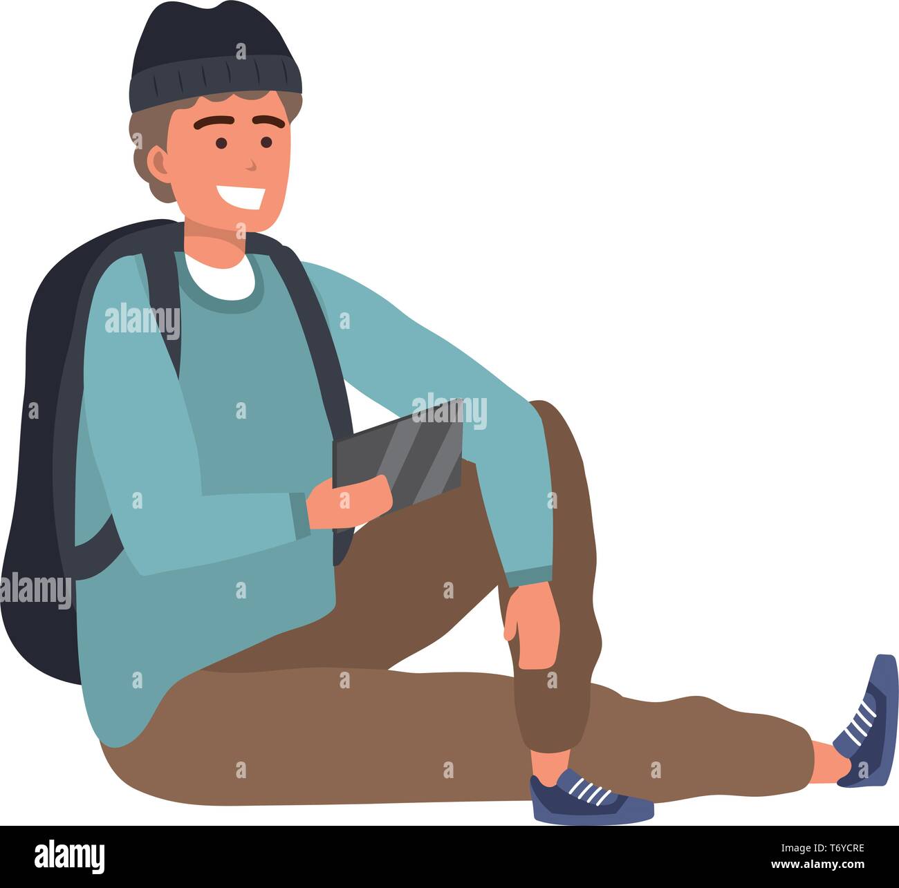 Millennial student sitting browsing on smartphone smiling taking selfie backpack isolated Stock Vector
