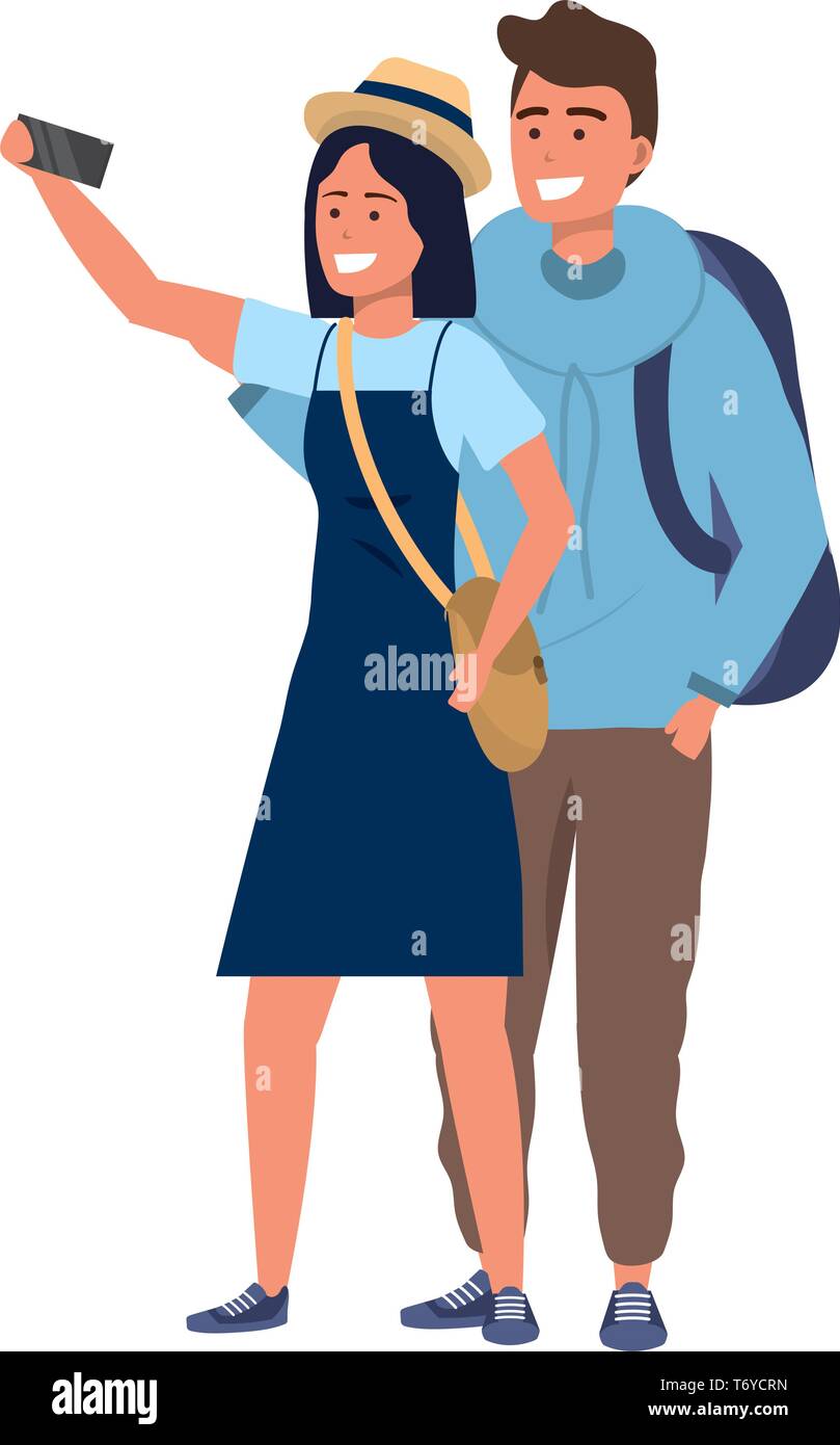 Millennial student couple smiling taking selfie browsing apps backpack purse Stock Vector