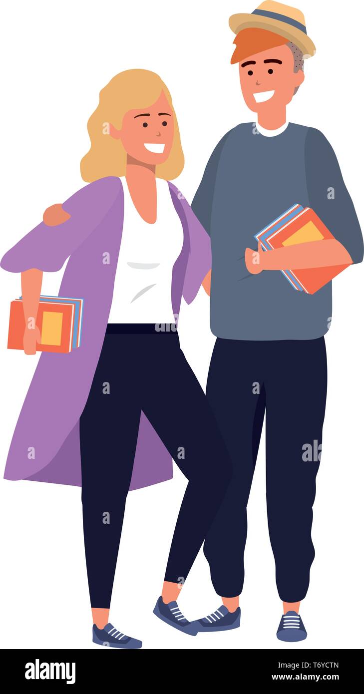 Millennial student couple smiling holding book redhead blonde Stock Vector