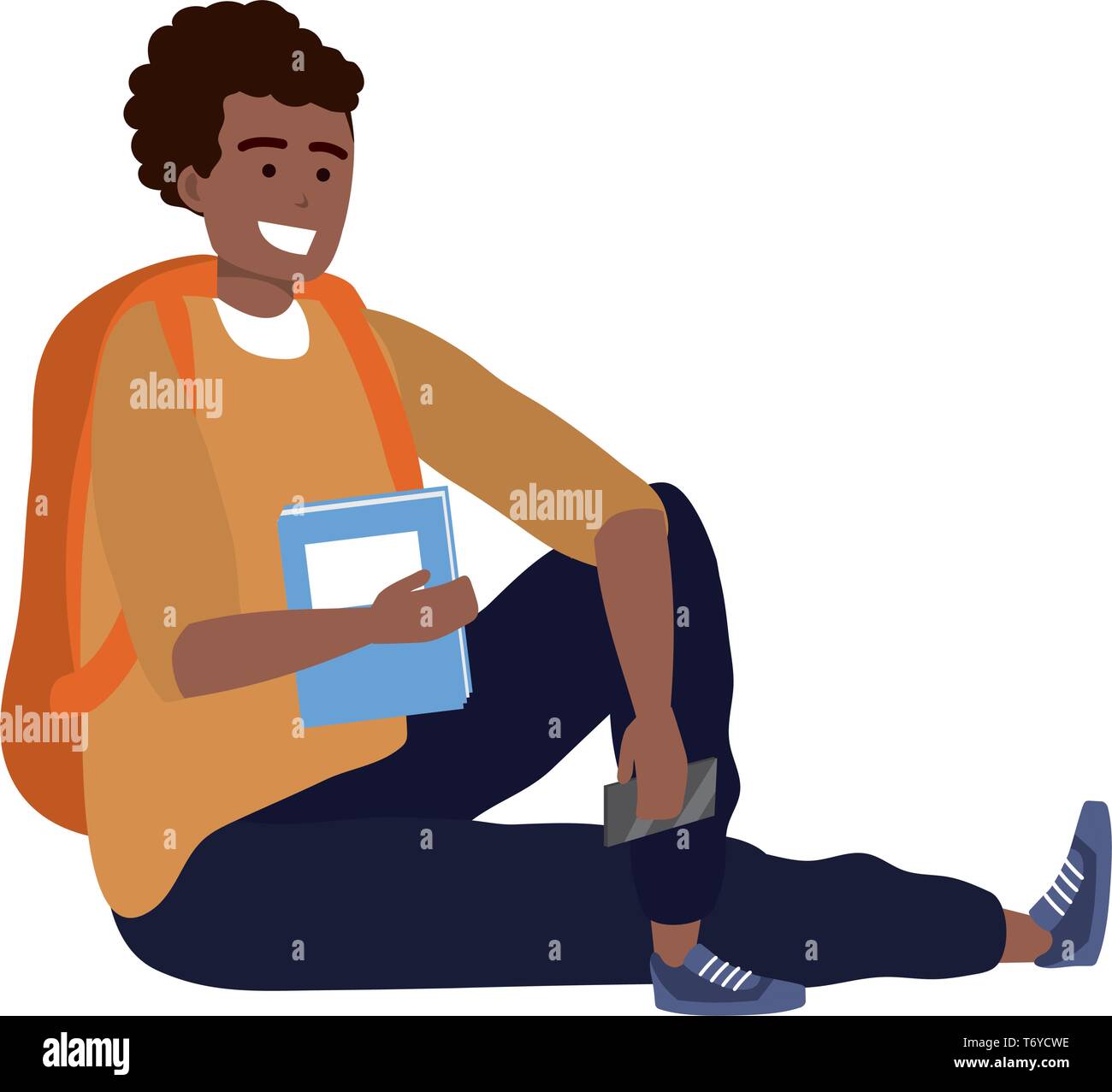 Millennial student sitting browsing on smartphone afro holding book backpack isolated Stock Vector